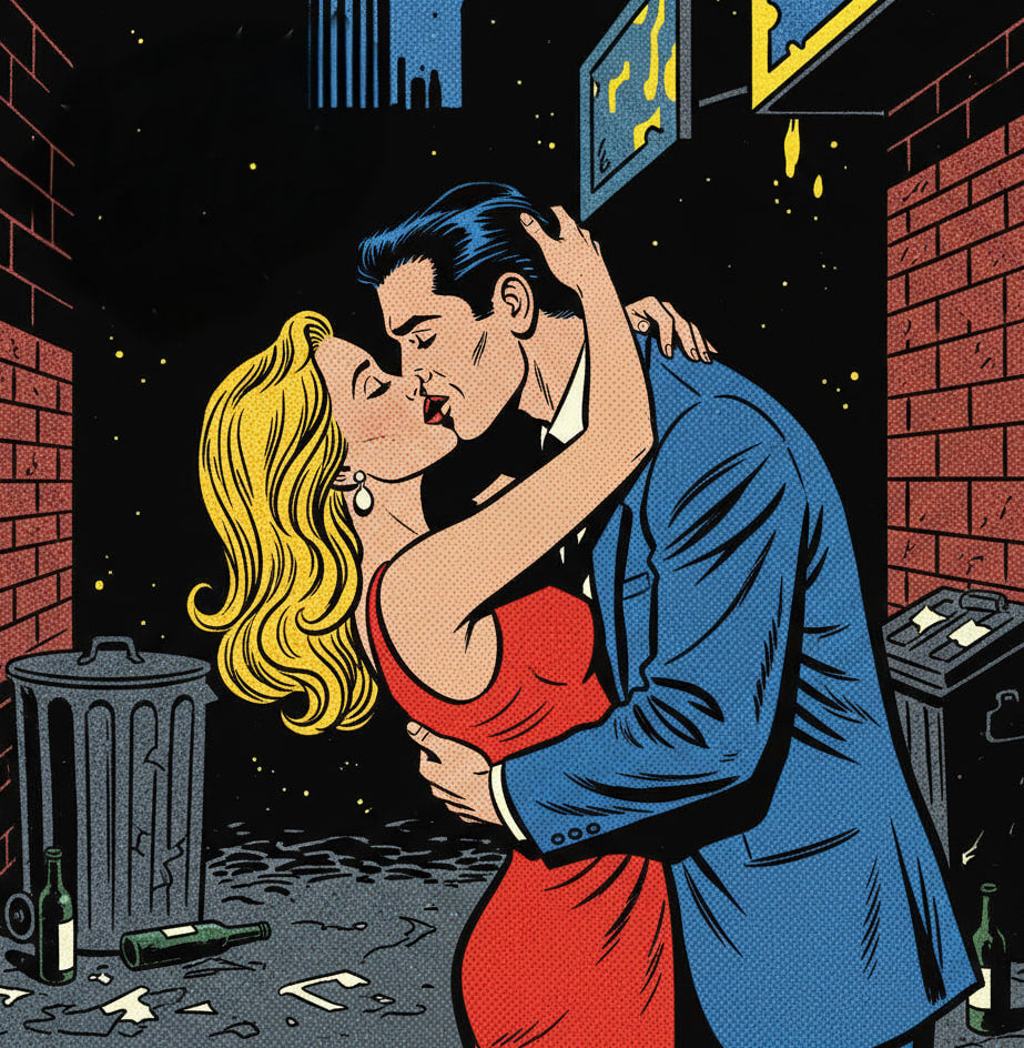 A vintage pop-art style illustration of a couple kissing passionately in an alley at night, with the woman in a red dress and the man in a blue suit, surrounded by brick walls, trash cans, broken bottles, and a glowing city skyline in the background