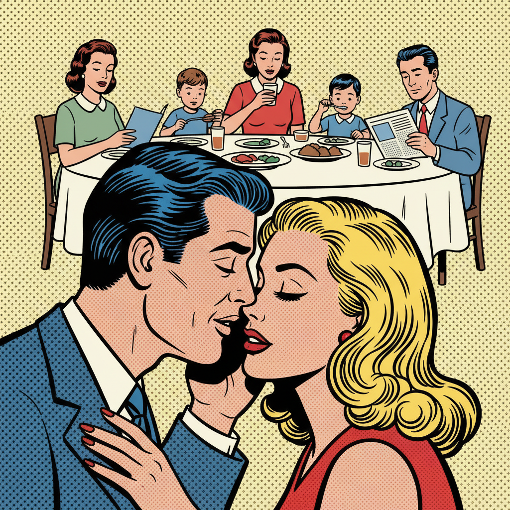 pop art style  a man whispering in a beautiful woman ear romantically  while rest of family seating around the dinner table not noticing them in the background