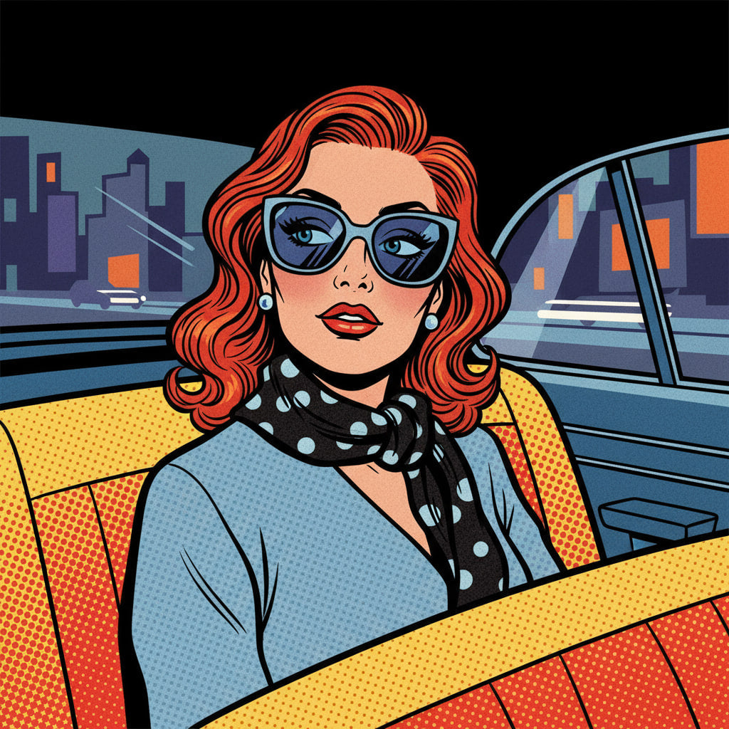 A retro pop-art illustration of a stylish woman with red hair wearing oversized sunglasses, pearl earrings, and a polka-dot scarf while sitting in the backseat of a car, with a colorful city skyline visible through the window